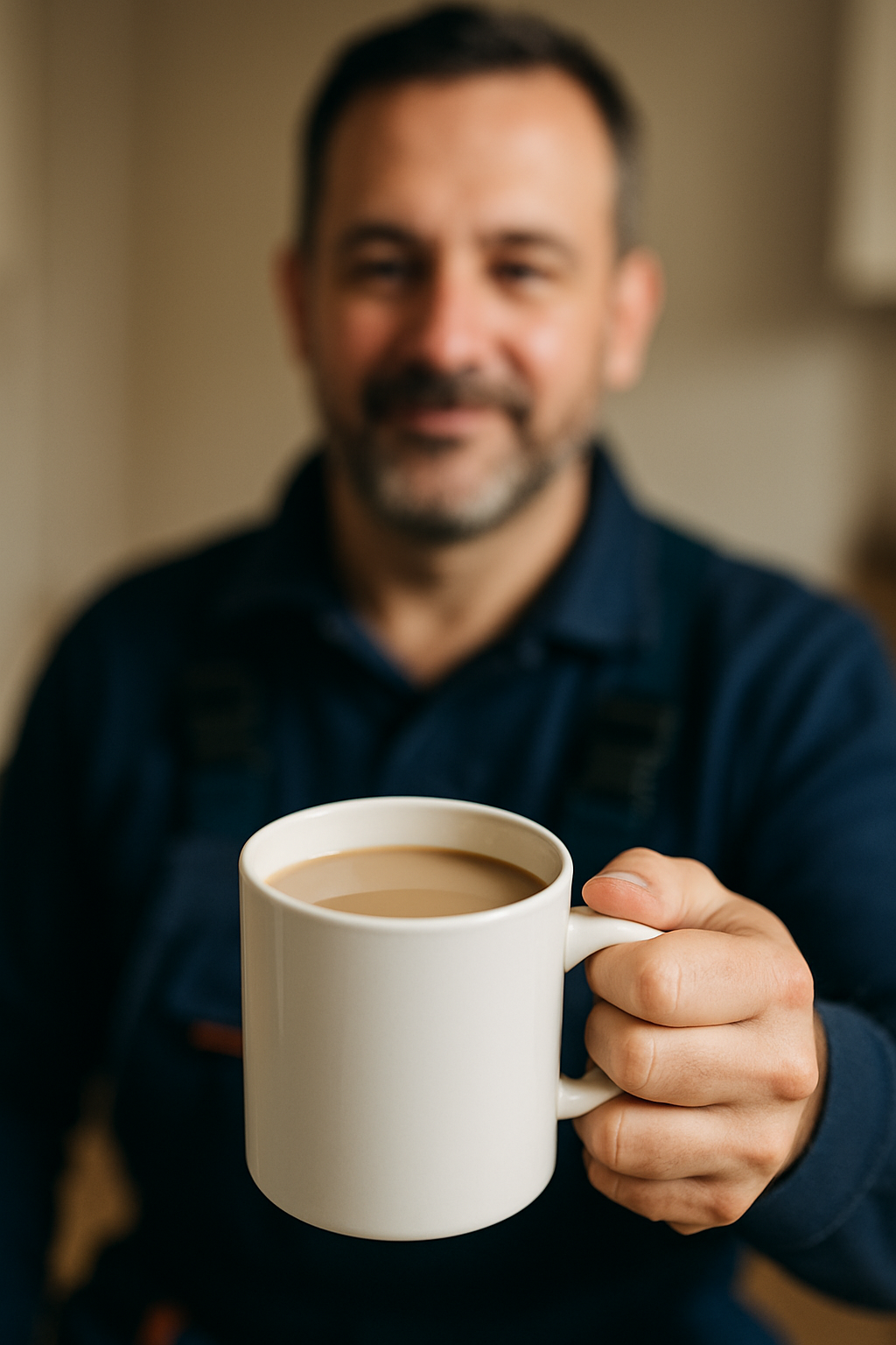 Happy looking chap holding a cup of tea
